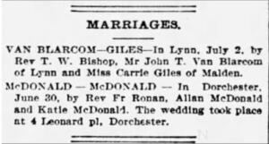 John T Van Blarcom-Carrie Giles wedding, The Boston Globe (Boston, Massachusetts) 04 Jul 1896, Page 10