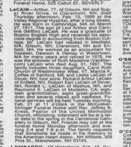 Arthur Jackson LeCain Obituary: The Boston Globe Boston, Massachusetts • Fri, Feb 17, 1989 Page 48