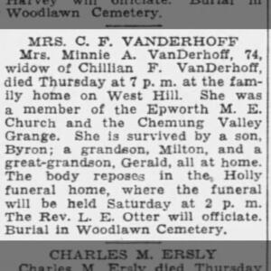 Minnie Coates Vanderhoff Obituary: Elmira Star-Gazette Elmira, New York · Friday, January 13, 1933
