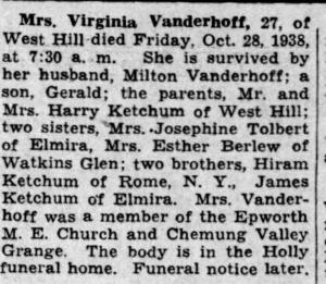 Virginia Amelia Ketchum Vanderhoff - Obituary 1938