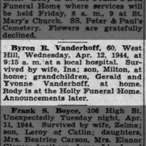 Byron Randolf Vanderhoff Obituary - Elmira Star-Gazette Wed, Apr 12, 1944